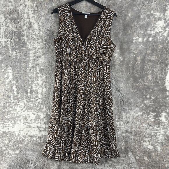 Charter Club Size M Abstract Cocktail Party Faux Wrap Midi Dress Brown Sleeveles - Picture 1 of 9